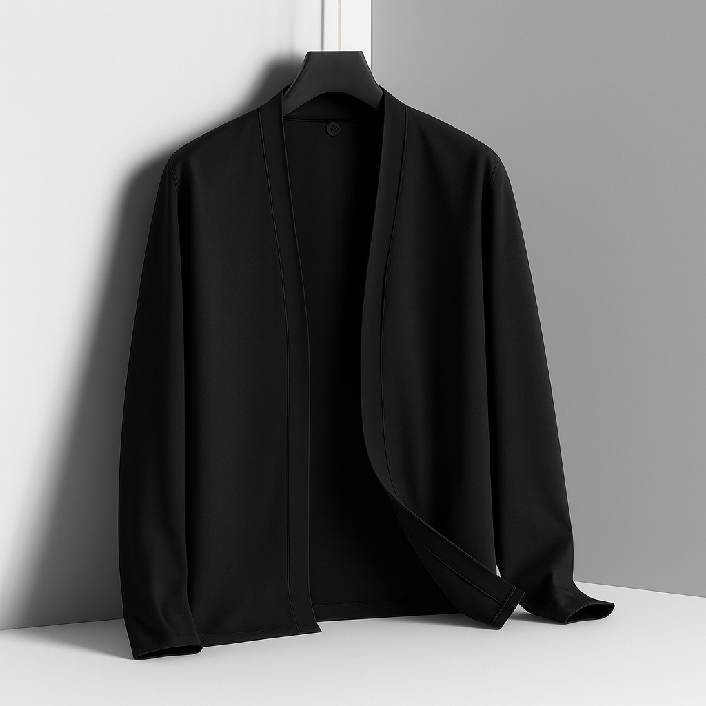 Men's Lightweight Open-Front Cardigan with Long Sleeves in Black, front view on a hanger