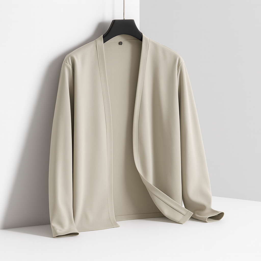 Men's Lightweight Open-Front Cardigan with Long Sleeves in Beige, front view on a hanger