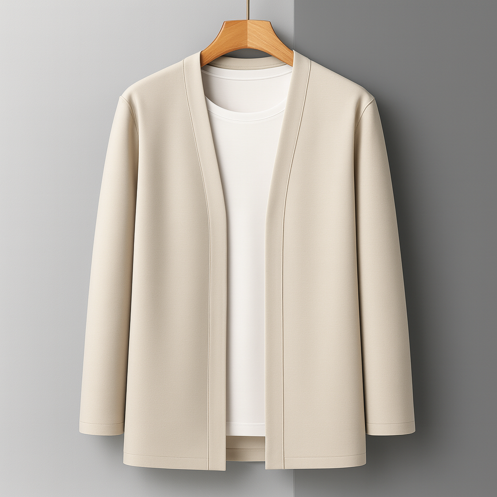 Men's Lightweight Open-Front Cardigan with Long Sleeves in Beige, front view on a hanger