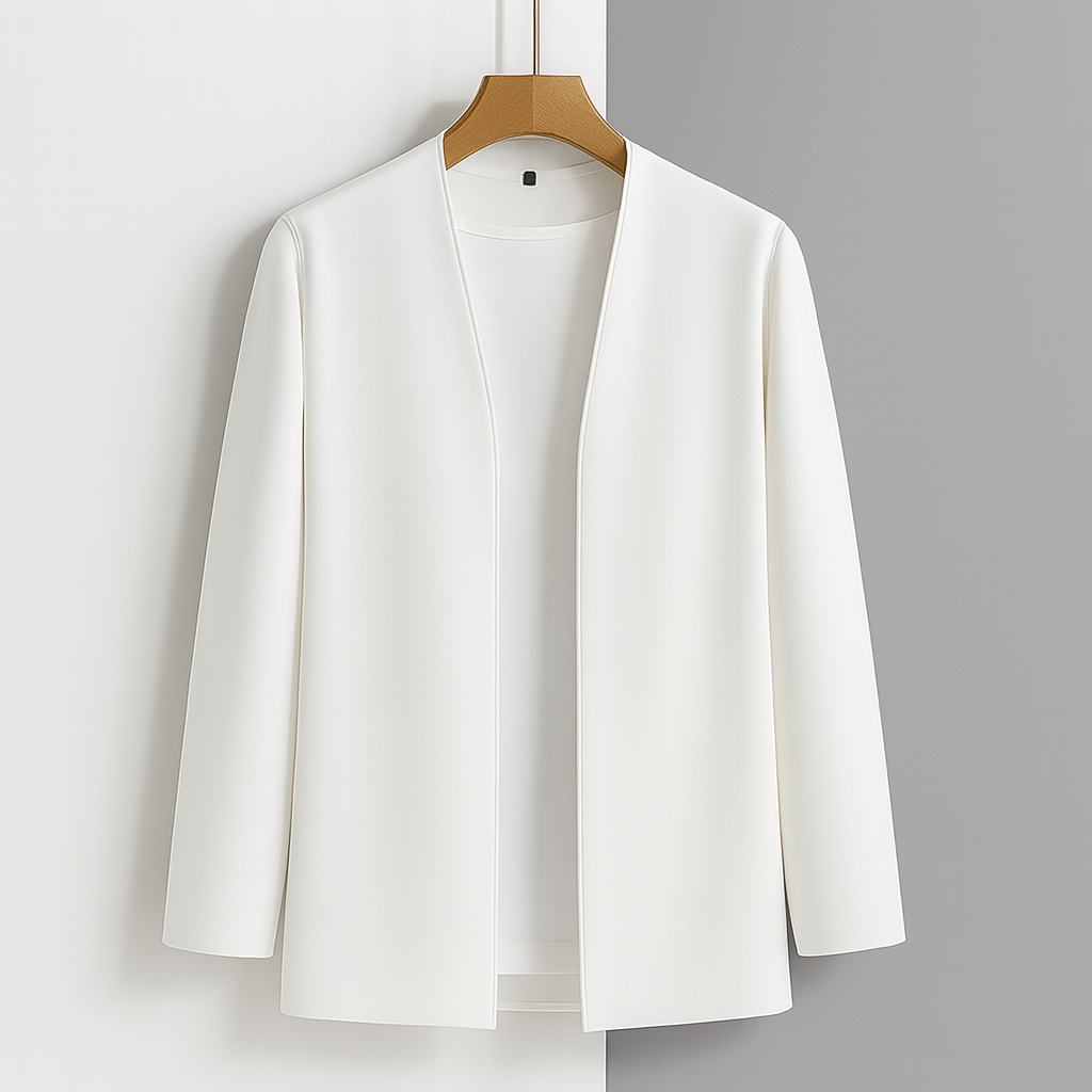 Men's Lightweight Open-Front Cardigan with Long Sleeves in White, front view on a hanger