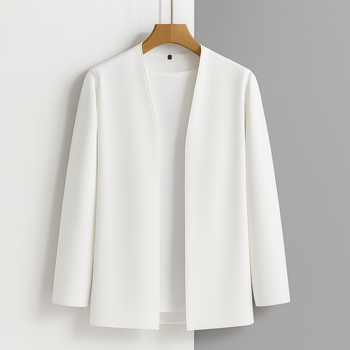 Men's Lightweight Open-Front Cardigan with Long Sleeves in White, front view on a hanger
