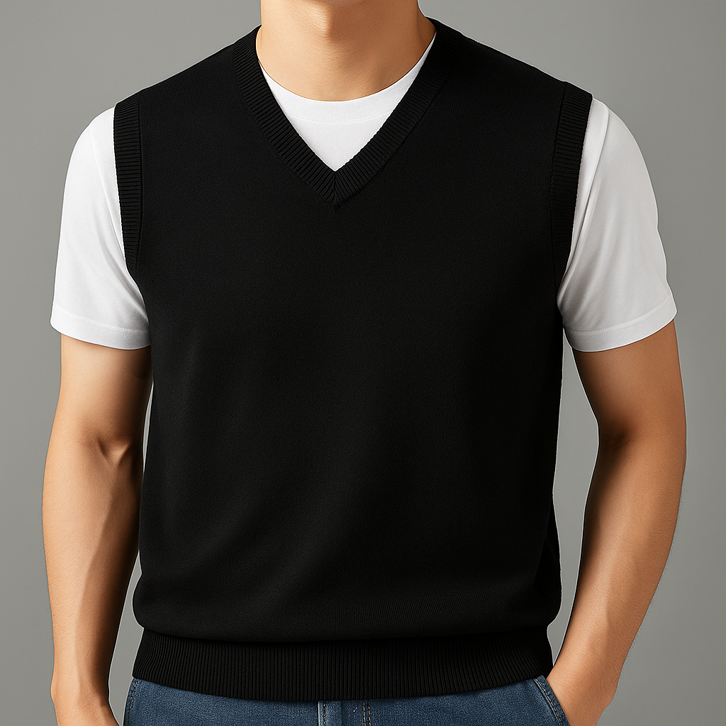 Men's Sleeveless V-Neck Sweater Vest with Ribbed Knit Trim in Black, worn over a white T-shirt