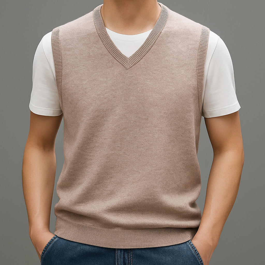 Men's Sleeveless V-Neck Sweater Vest with Ribbed Knit Trim in Taupe, worn over a white T-shirt