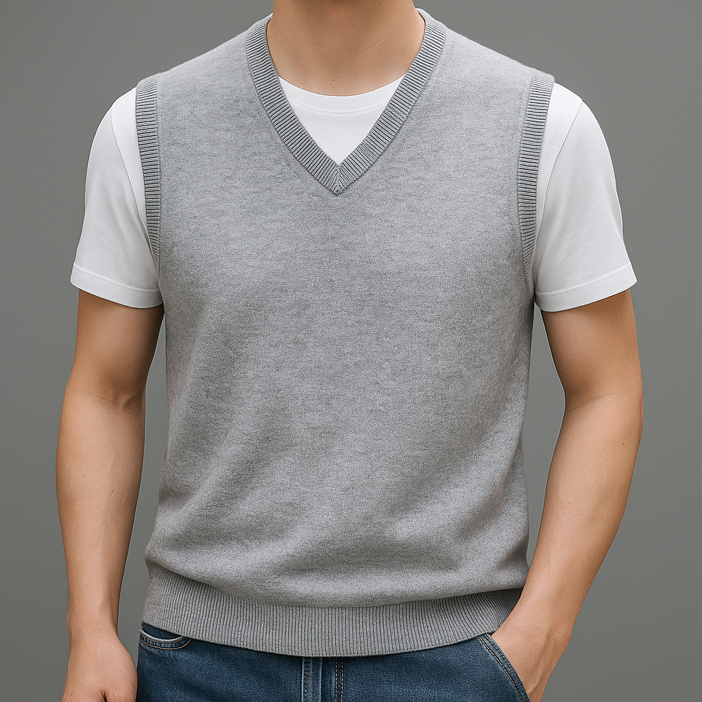 Men's Sleeveless V-Neck Sweater Vest with Ribbed Knit Trim, product view