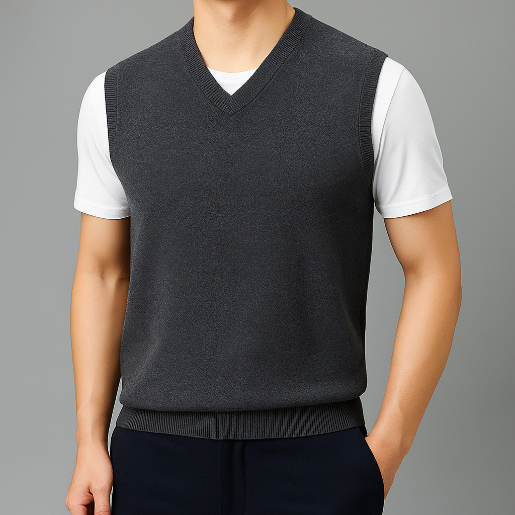 Men's Sleeveless V-Neck Sweater Vest with Ribbed Knit Trim, product view