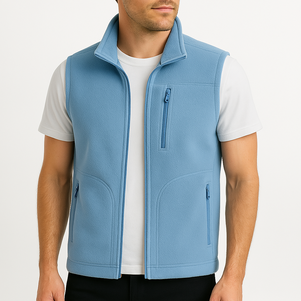 Men's light blue fleece full-zip vest with stand collar