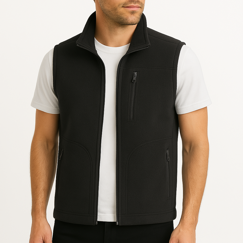 Men's black fleece vest with full front zip and zip pockets
