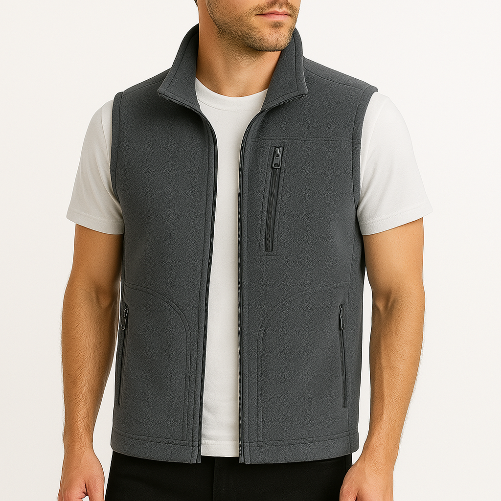 Men's gray fleece vest with zip chest pocket and curved side pockets