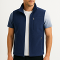Men's navy blue fleece vest with stand collar and zip chest pocket