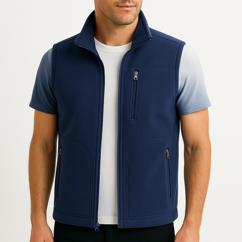 Men's navy blue fleece vest with stand collar and zip chest pocket