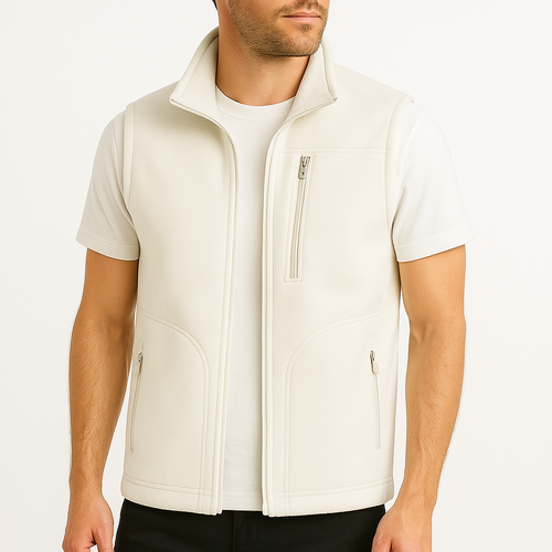Men's ivory fleece full-zip vest with stand collar over a white t-shirt