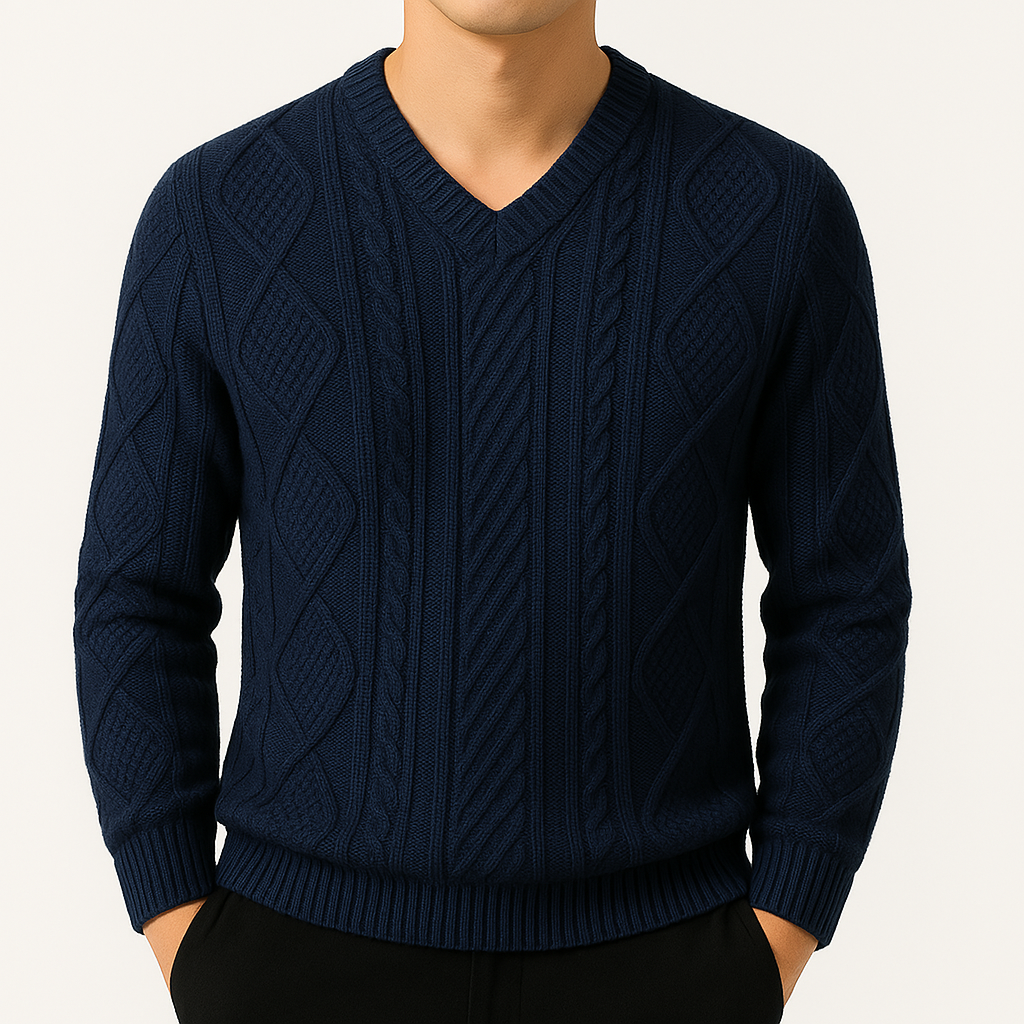 Men's Cable Knit V-Neck Sweater with Diamond Pattern in Blue, front view on a model