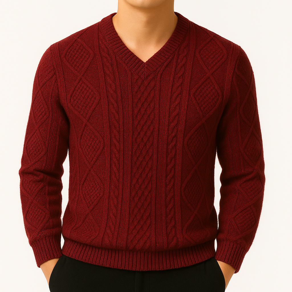 Men's Cable Knit V-Neck Sweater with Diamond Pattern in Red, front view on a model