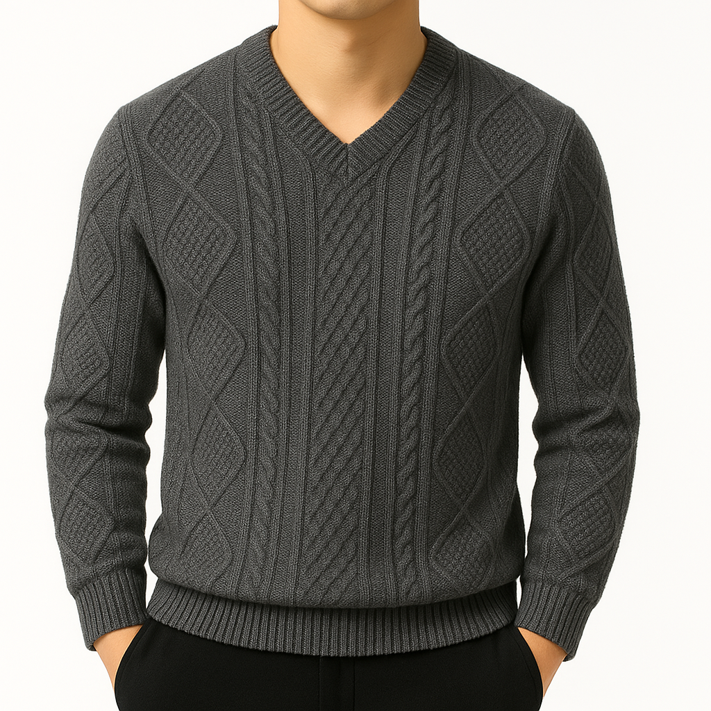 Men's Cable Knit V-Neck Sweater with Diamond Pattern in Gray, front view on a model