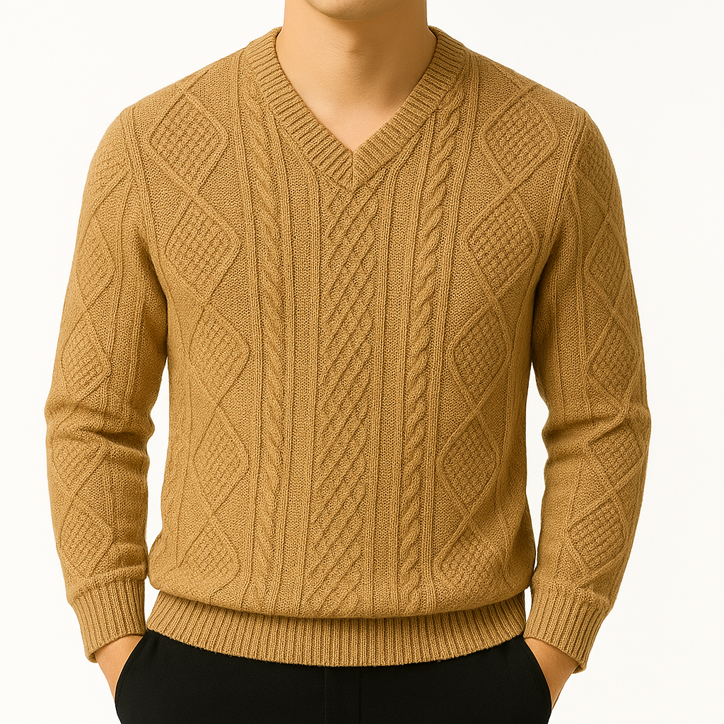 Men's Cable Knit V-Neck Sweater with Diamond Pattern in Taupe, front view on a model
