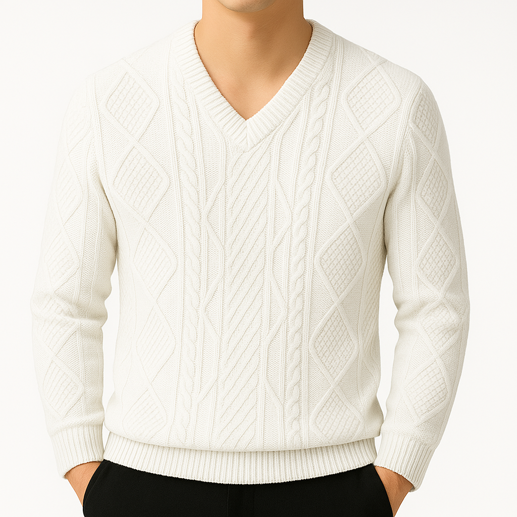 Men's Cable Knit V-Neck Sweater with Diamond Pattern in White, front view on a model