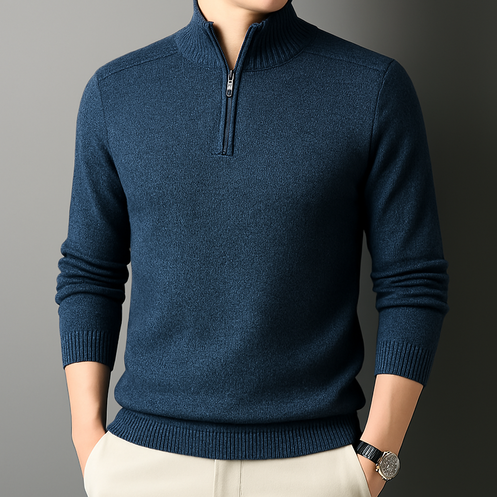 Men's Quarter-Zip Sweater with Ribbed Stand Collar in Navy Blue, worn with light trousers