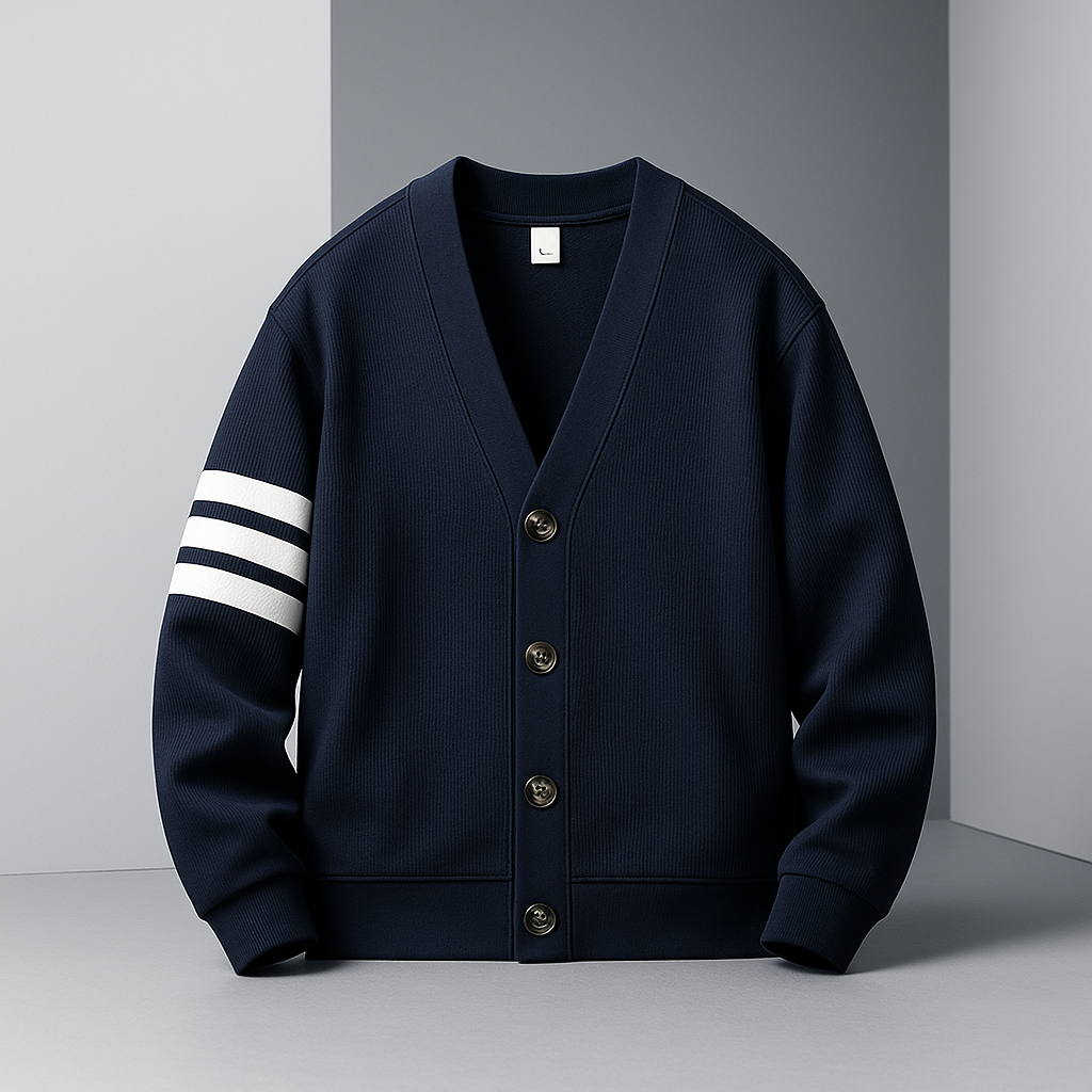 Men's Button-Up V-Neck Cardigan with Striped Sleeve in Blue, front view on a hanger