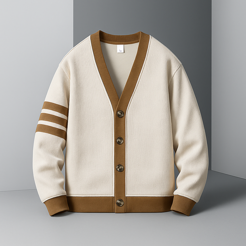 Men's Button-Up V-Neck Cardigan with Striped Sleeve in White, front view on a hanger