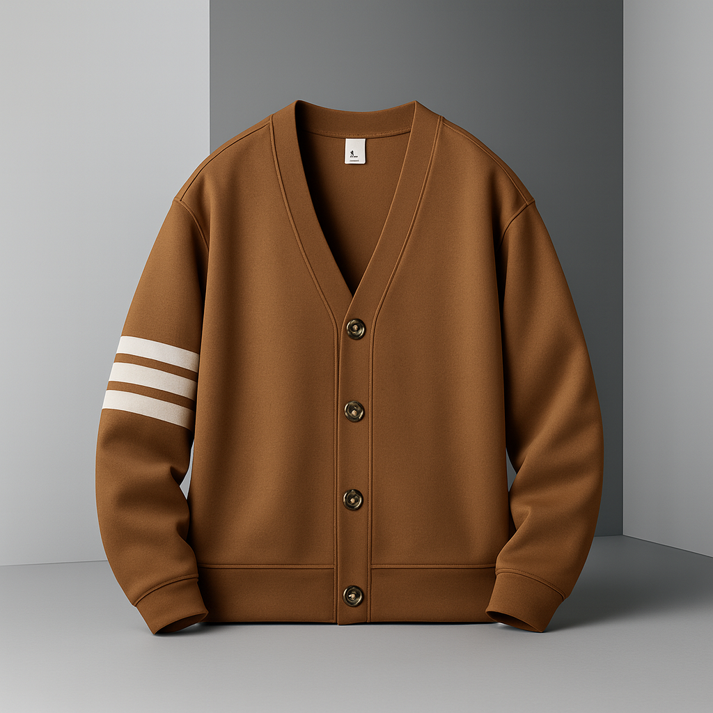 Men's Button-Up V-Neck Cardigan with Striped Sleeve in Brown, front view on a hanger