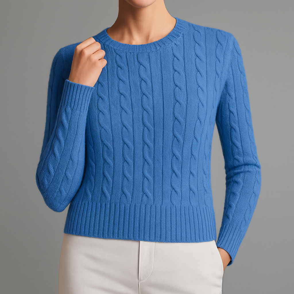 Women's Classic Cable Knit Crewneck Sweater with Ribbed Trim in Blue, worn with white pants