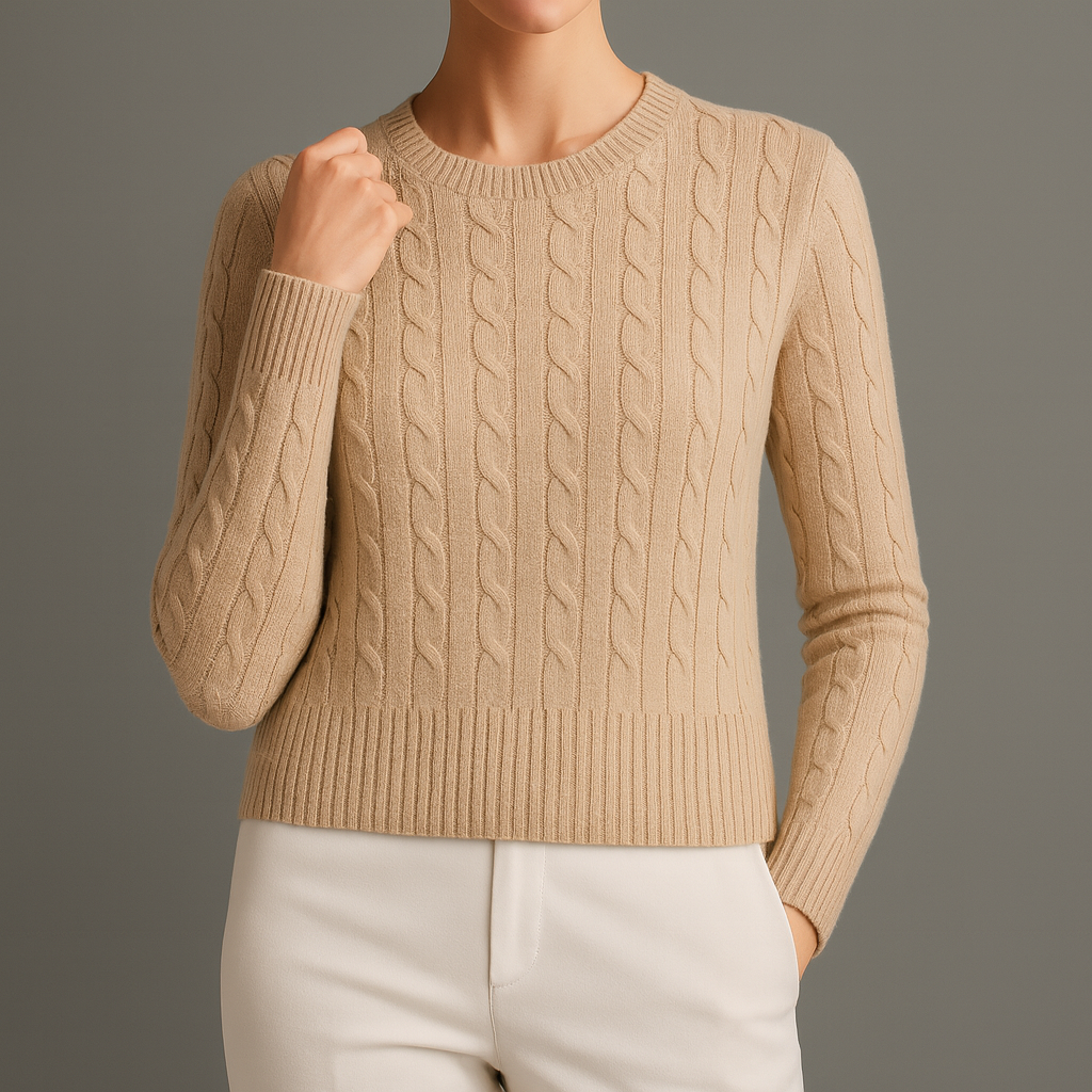 Women's Classic Cable Knit Crewneck Sweater with Ribbed Trim in Khaki, worn with white pants