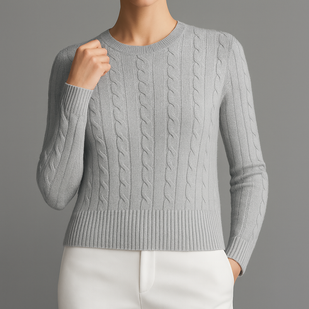 Women's Classic Cable Knit Crewneck Sweater with Ribbed Trim in Gray, worn with white pants