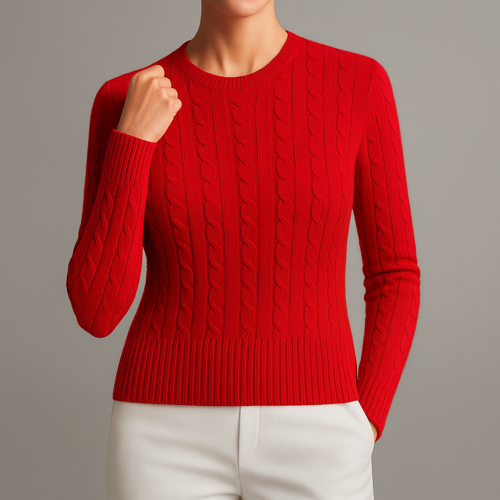 Women's Classic Cable Knit Crewneck Sweater with Ribbed Trim in Red, worn with white pants