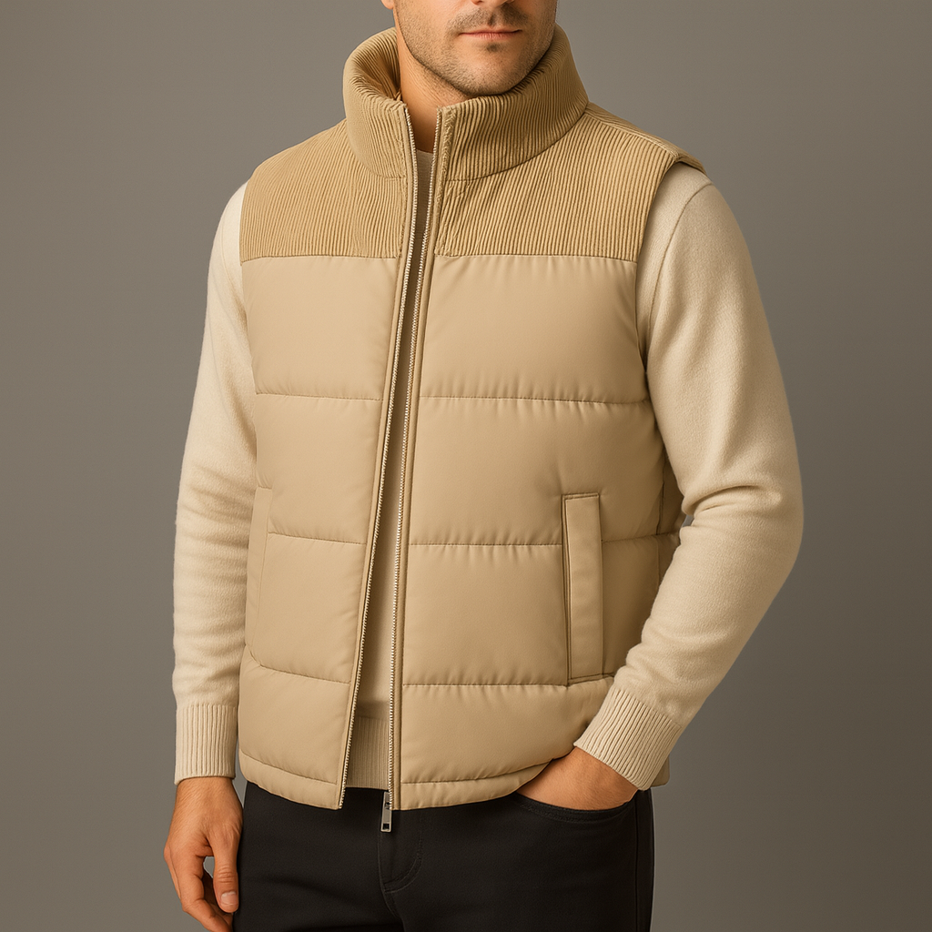 Man wearing a khaki quilted puffer vest with corduroy yoke over a cream sweater