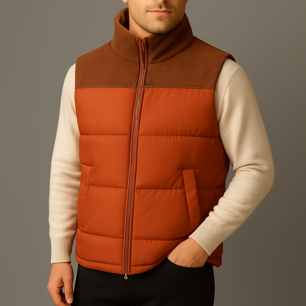 Man wearing a brown quilted puffer vest with corduroy yoke over a cream sweater