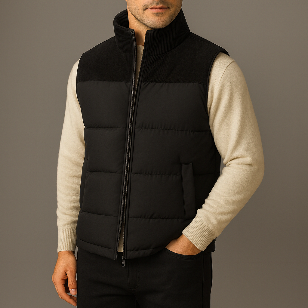 Man wearing a black quilted puffer vest with corduroy yoke over a cream sweater