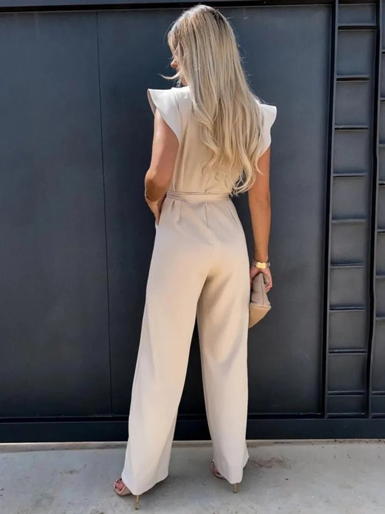 Wide-Leg Jumpsuit for Women with Ruffle Sleeves and Tie Waist