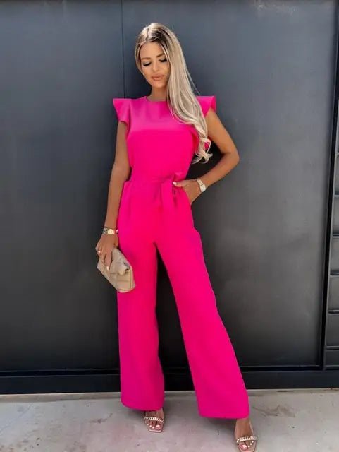 Wide-Leg Jumpsuit for Women with Ruffle Sleeves and Tie Waist