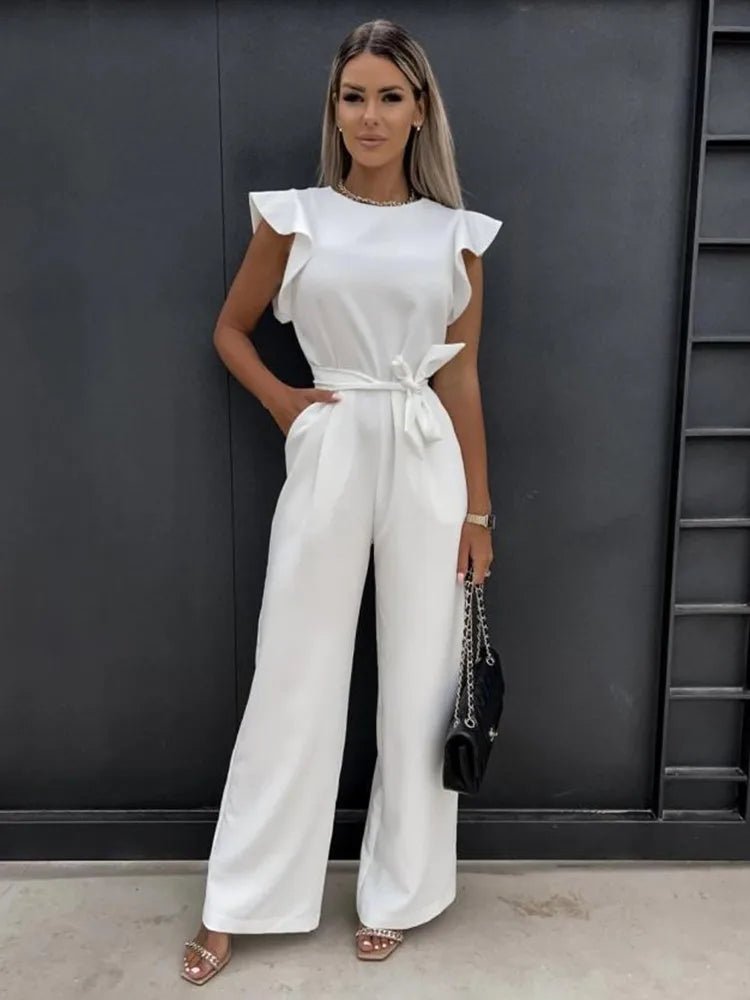 Wide-Leg Jumpsuit for Women with Ruffle Sleeves and Tie Waist