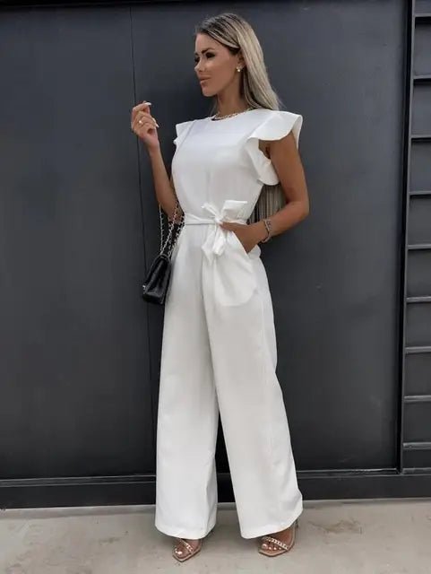 Wide-Leg Jumpsuit for Women with Ruffle Sleeves and Tie Waist