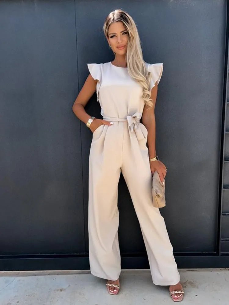 Wide-Leg Jumpsuit for Women with Ruffle Sleeves and Tie Waist