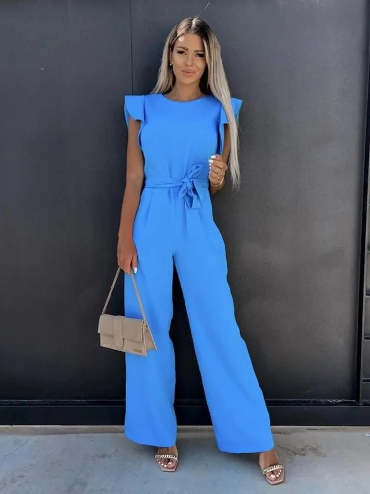 Wide-Leg Jumpsuit for Women with Ruffle Sleeves and Tie Waist