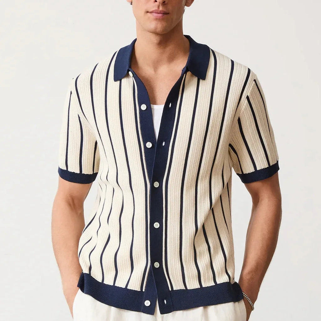 Men's Striped Cotton-Blend Polo Knit with Ribbed Trim