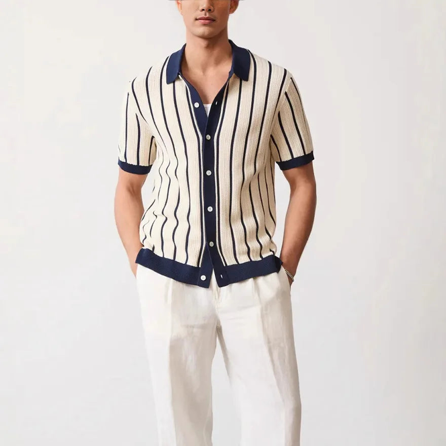 Men's Striped Cotton-Blend Polo Knit with Ribbed Trim
