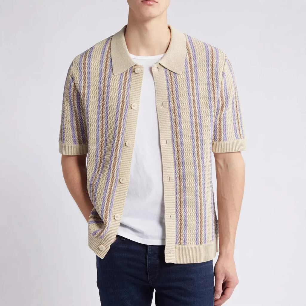 Men's Striped Cotton-Blend Polo Knit with Ribbed Trim