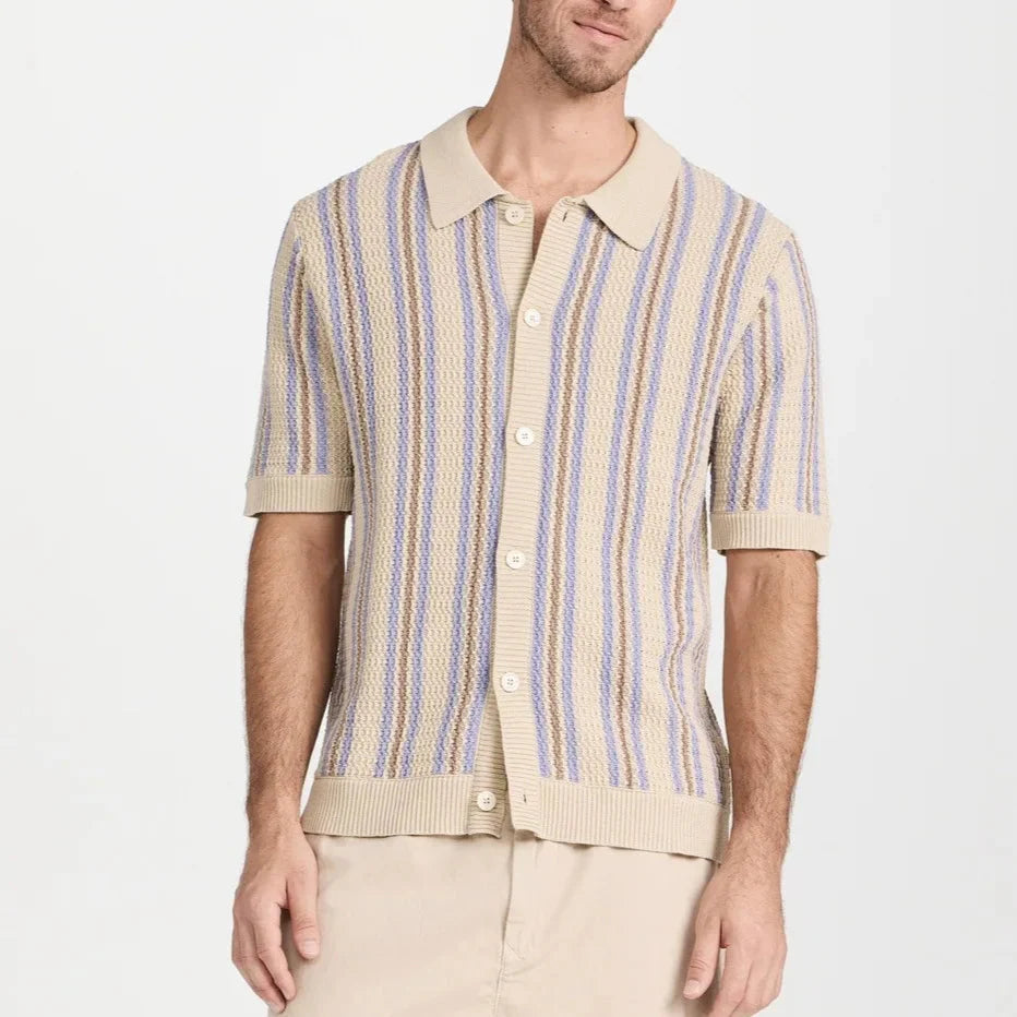 Men's Striped Cotton-Blend Polo Knit with Ribbed Trim