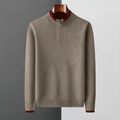Men's Quarter-Zip Sweater with Contrast Trim Mock Neck in Khaki, front view on a hanger