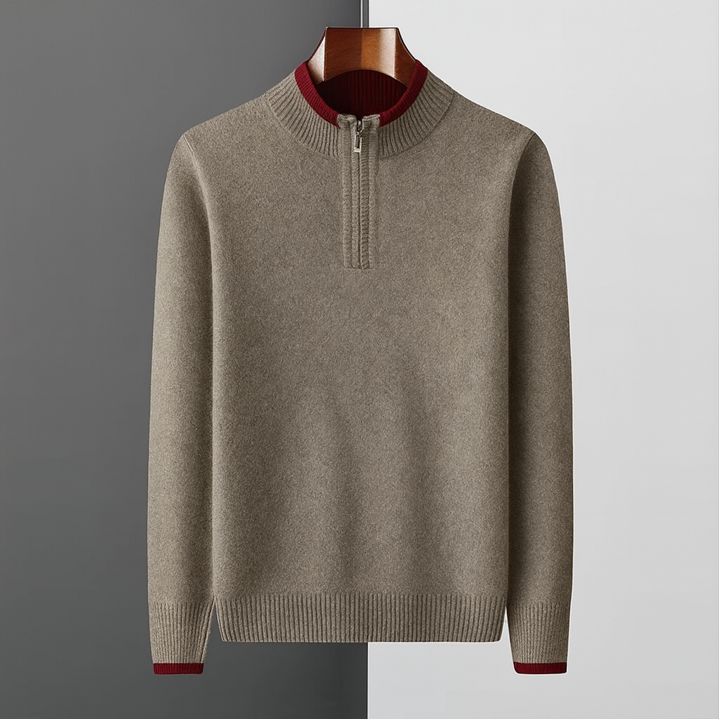 Men's Quarter-Zip Sweater with Contrast Trim Mock Neck in Khaki, front view on a hanger