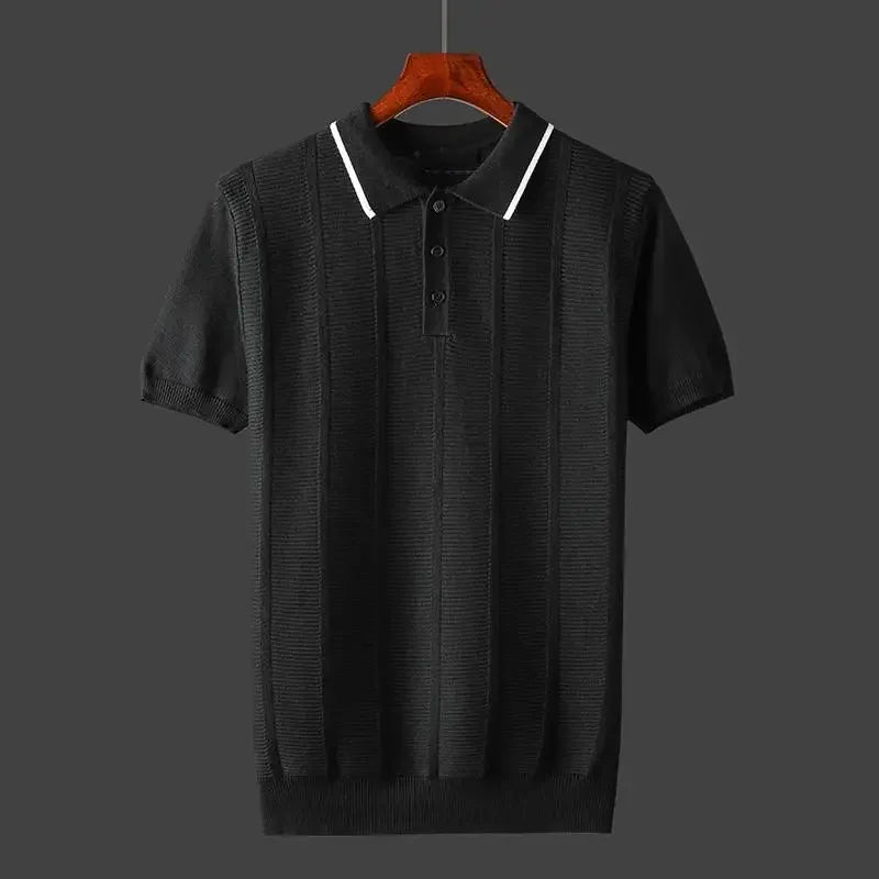 Men's Ribbed Polo Shirt with Contrast Collar, Short Sleeve