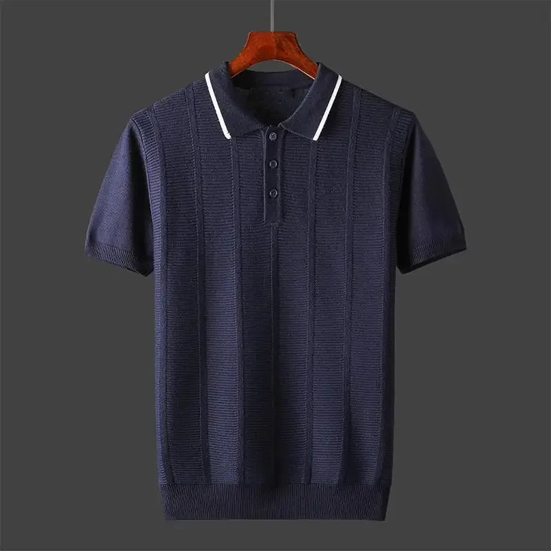 Men's Ribbed Polo Shirt with Contrast Collar, Short Sleeve