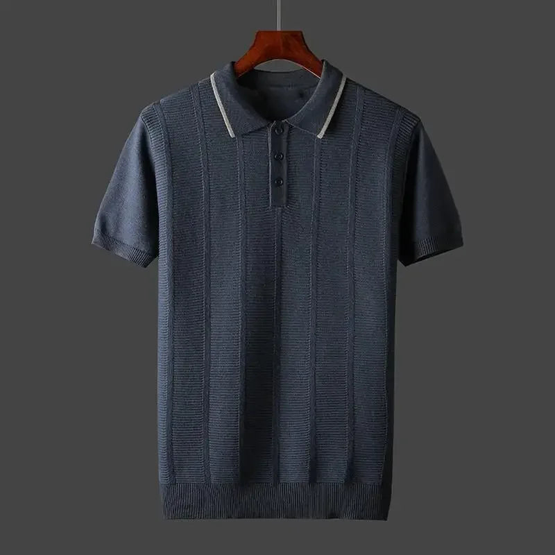 Men's Ribbed Polo Shirt with Contrast Collar, Short Sleeve