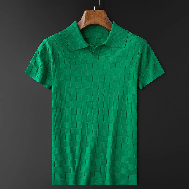 Men's Checkered Knit Polo Shirt with Basket Weave Texture