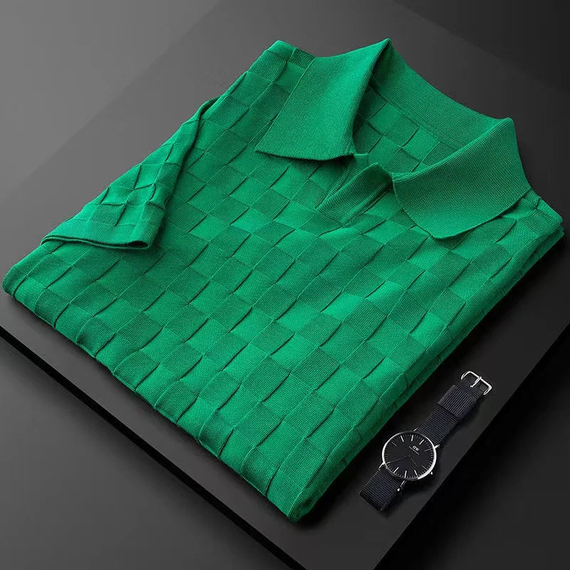 Men's Checkered Knit Polo Shirt with Basket Weave Texture