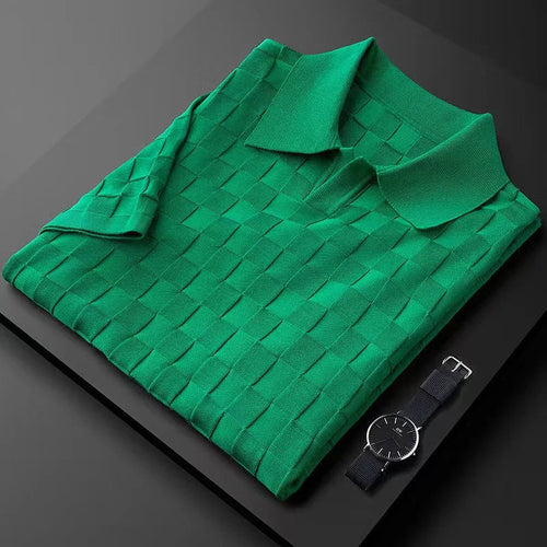 Men's Checkered Knit Polo Shirt with Basket Weave Texture