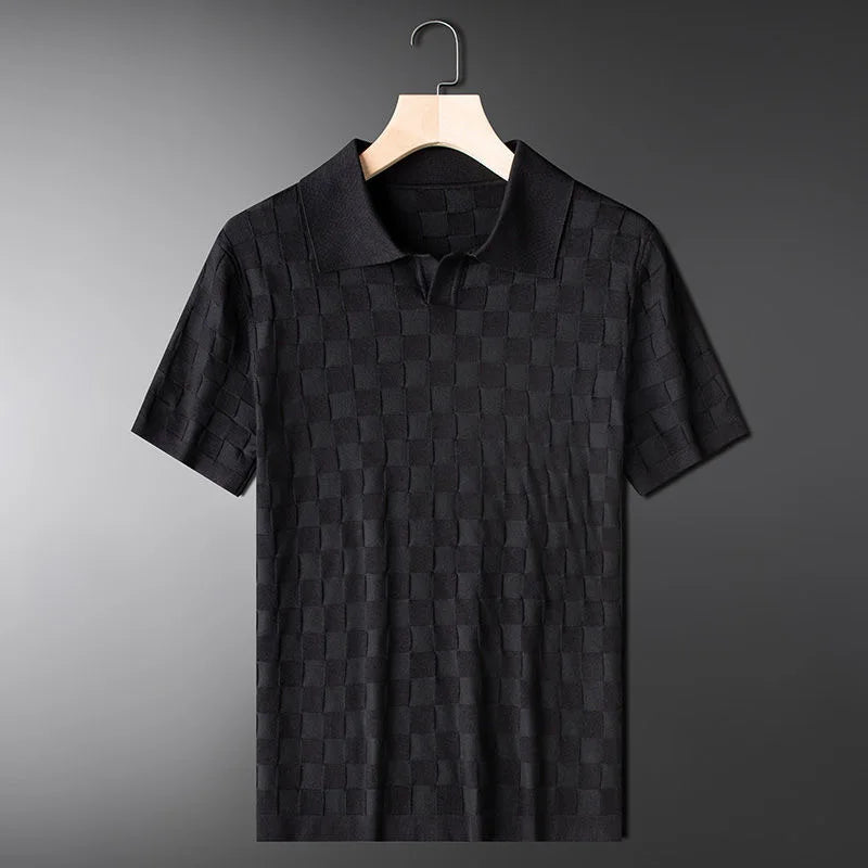 Men's Checkered Knit Polo Shirt with Basket Weave Texture